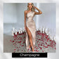 Satin One Shoulder Drape Slit Maxi Dress